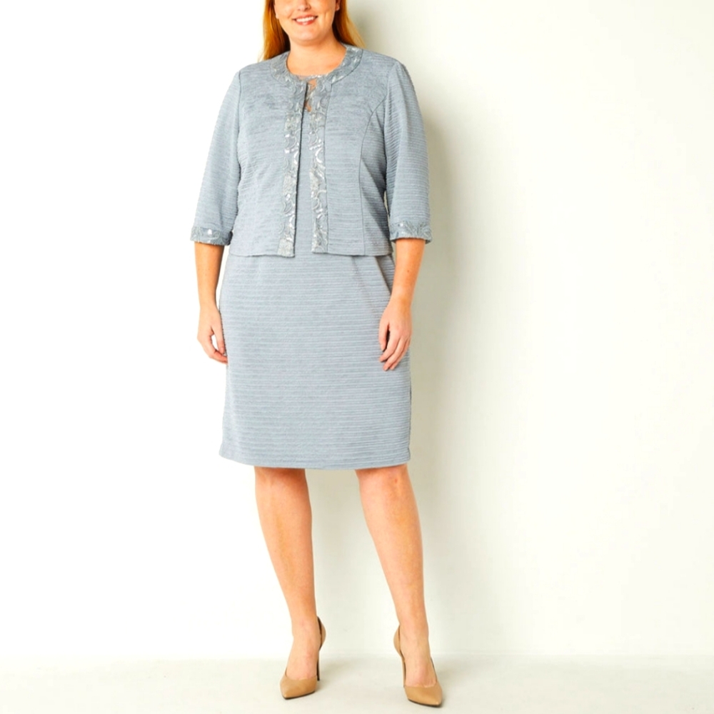 Maya Brooke Plus Embroidered Sequin Trim Dress Set with 3/4 Sleeve Jacket